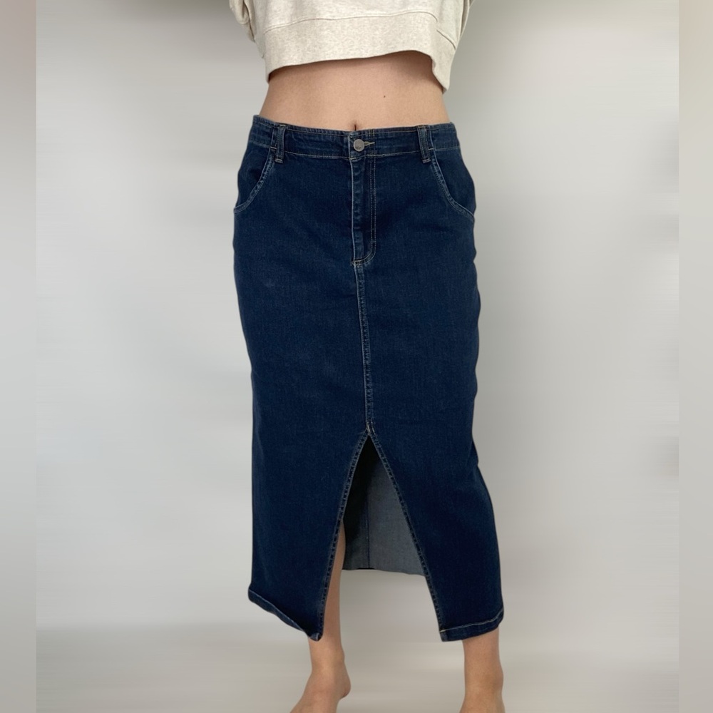 WASH LAB Daily Slit Denim MIDI‎ Skirt Dark Wash High Rise in Dark Blue